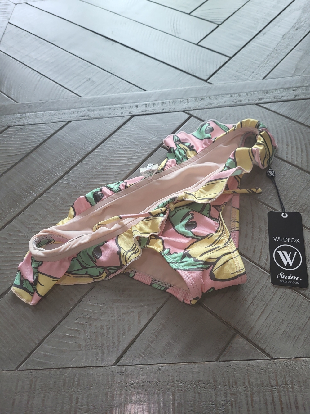 Wildfox Pink Yellow Banana Print Bikini Bottom with Ruffle Trim
